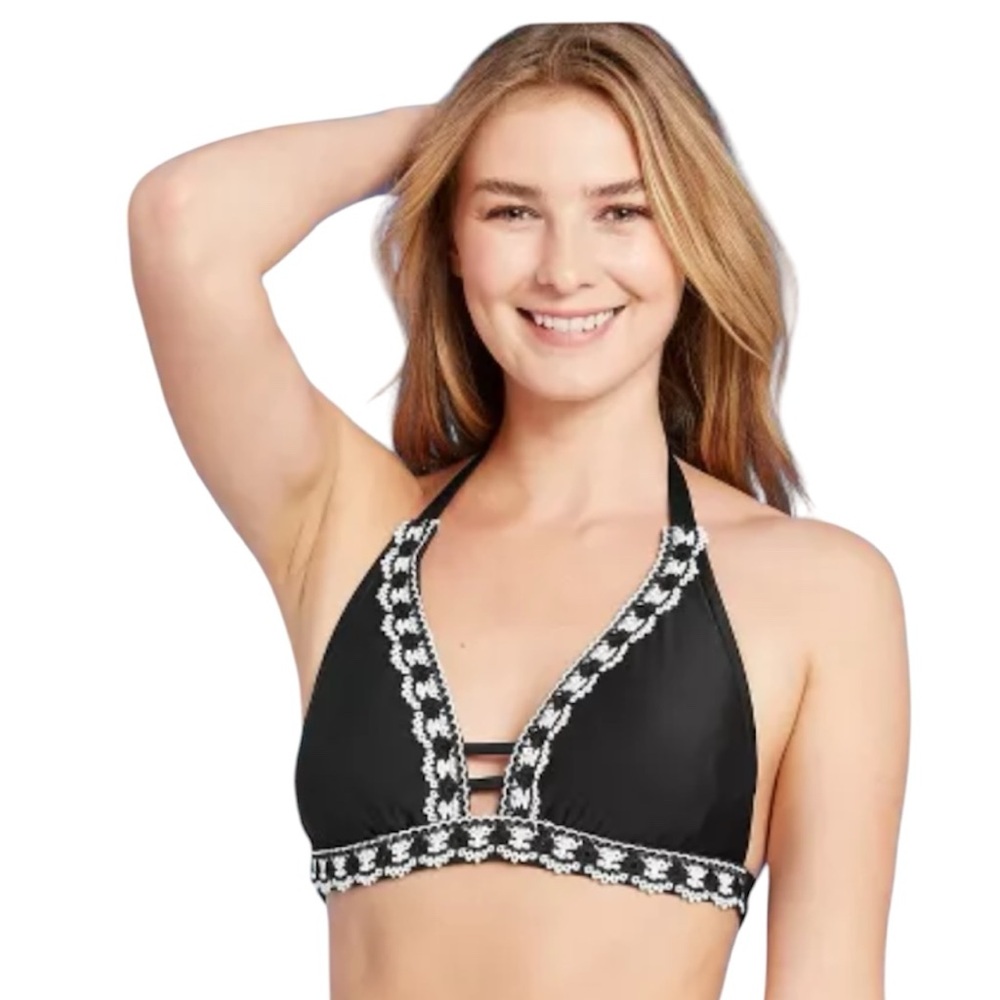 Kona Sol Black White Bikini Halter Bathing Swimsuit Top Medium